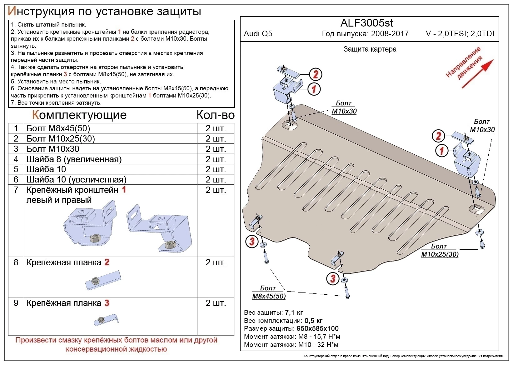 Защита картера для Audi Q5 I (8R) Черный
