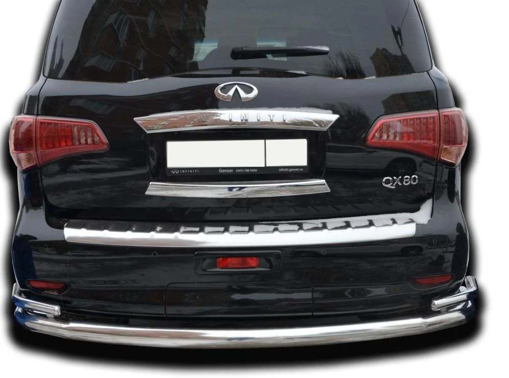 Защита заднего бампера угловая большая двойная d76/42 мм для Infiniti QX80 I Рестайлинг  Юко IQX.17.21