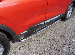 Пороги овальные гнутые с накладкой 75х42 мм для Hyundai Santa Fe IV  ТСС HYUNSF18-17