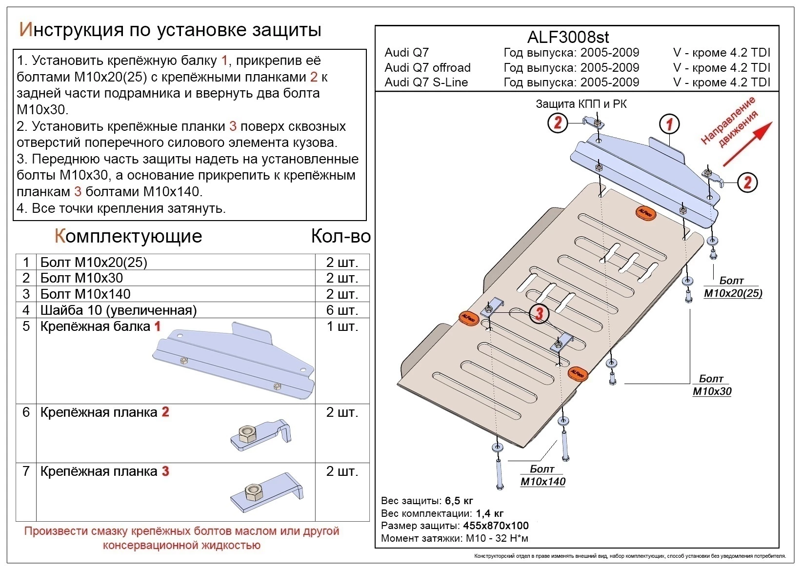 Защита КПП и РК для Audi Q7 I (4L)