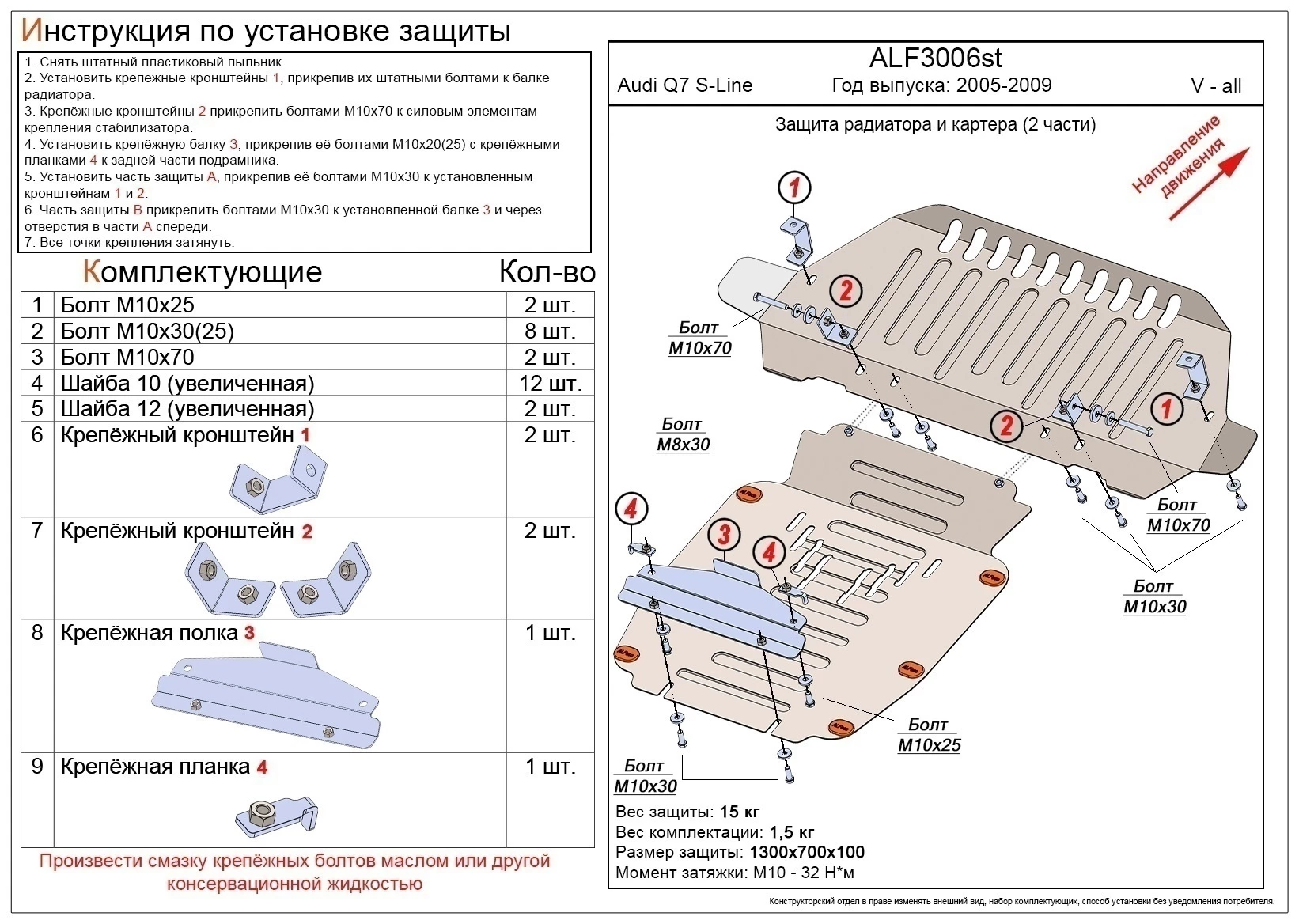 Защита радиатора и картера (2 части) для Audi Q7 I (4L)