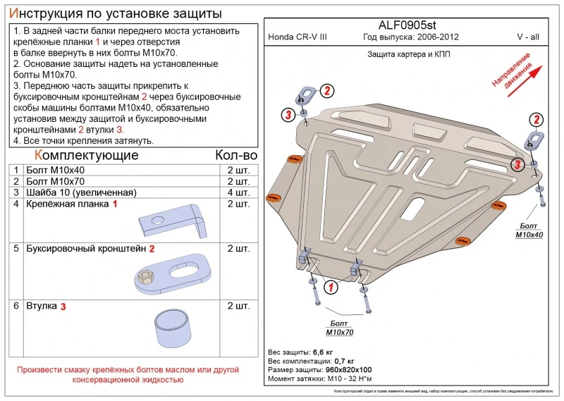 Защита картера и КПП для Honda CR-V III Рестайлинг  Alfeco ALF0905ST