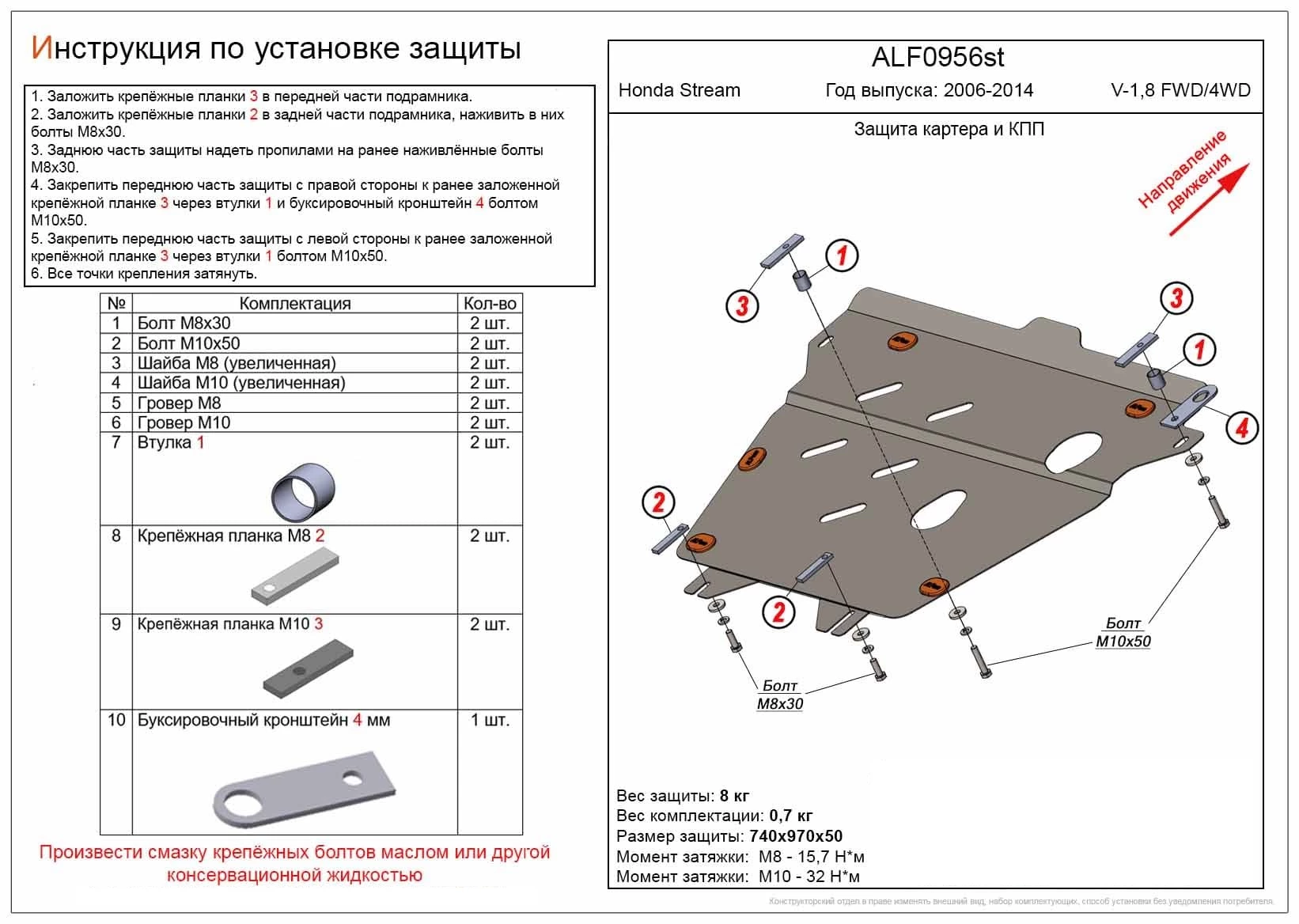 Защита картера и КПП для Honda Stream II  Alfeco ALF0956AL