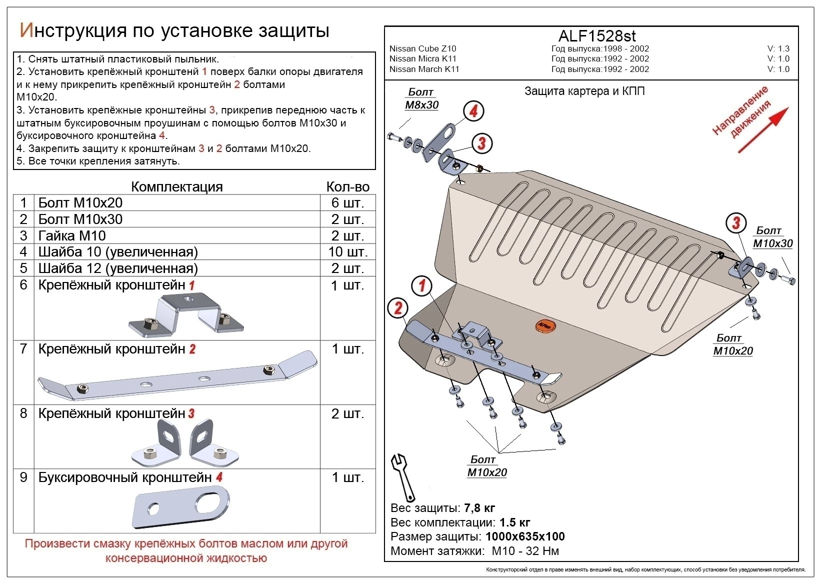 Защита картера и КПП для Nissan Micra II (K11)