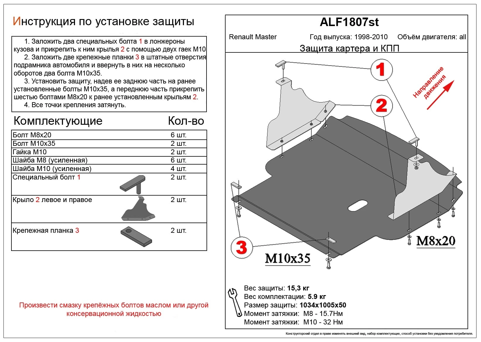 Защита картера и КПП для Renault Master II Рестайлинг Черный Alfeco ALF1807ST