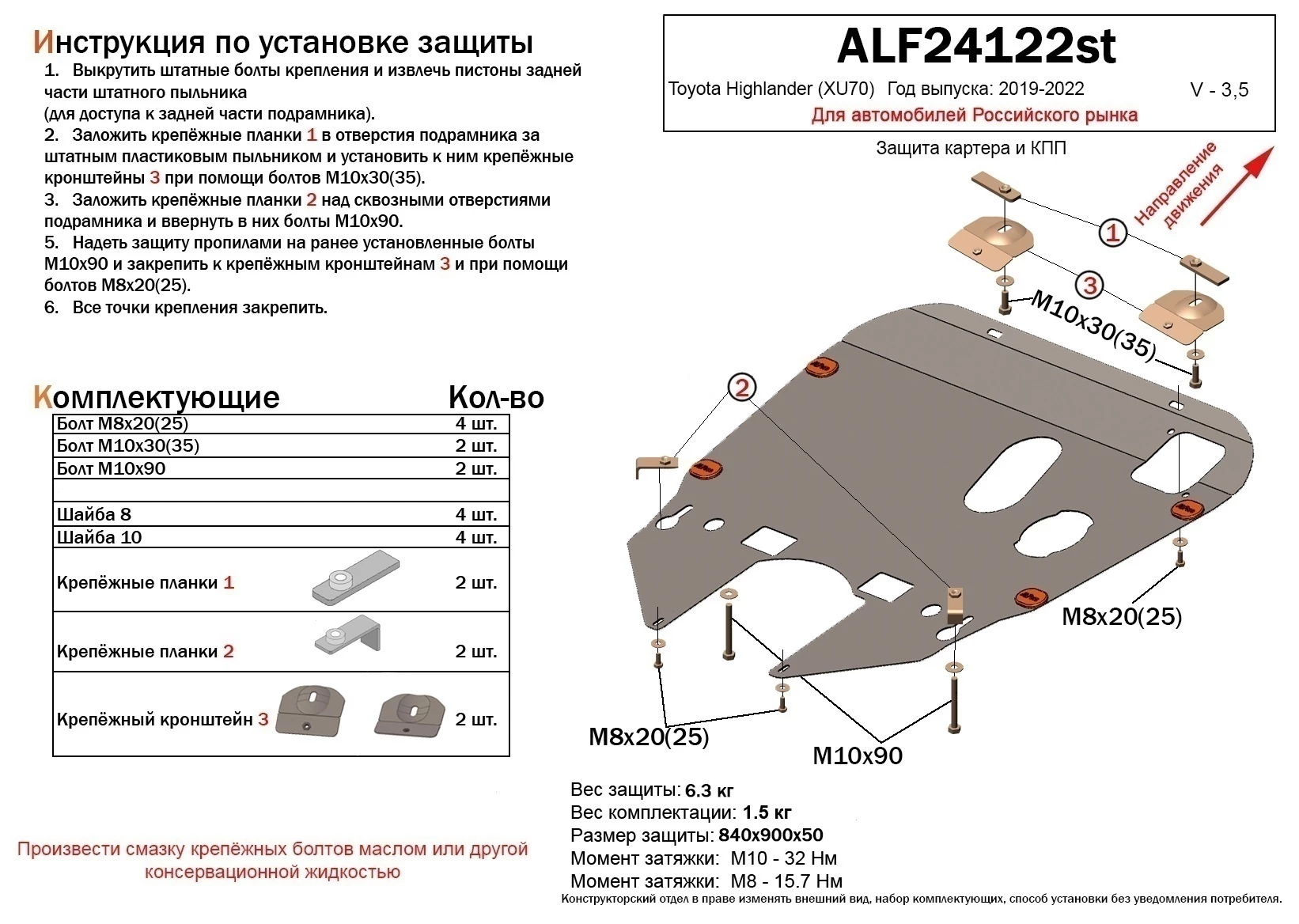 Защита картера и КПП для Toyota Highlander IV (U70)