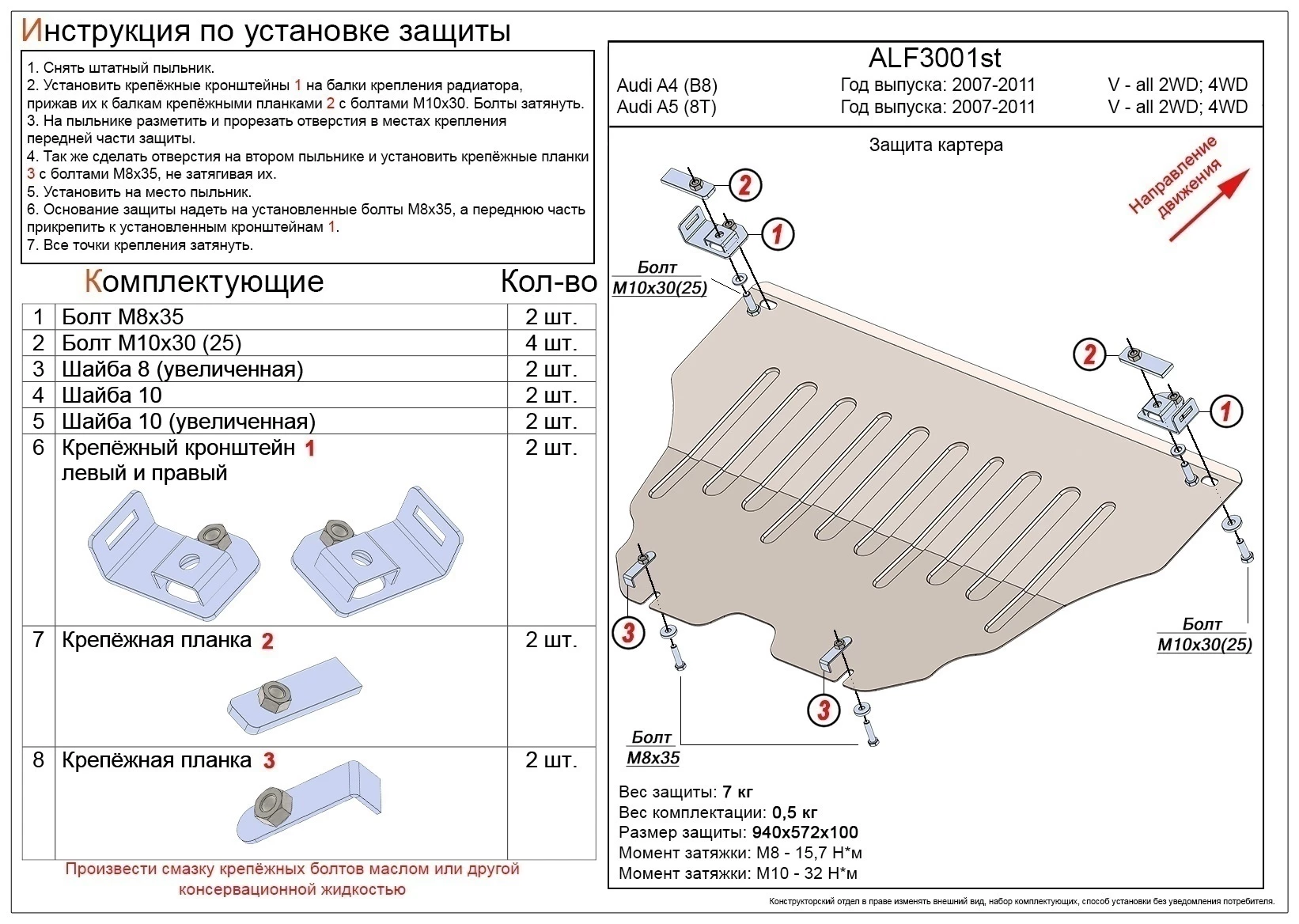 Защита картера для Audi A4 IV (B8)