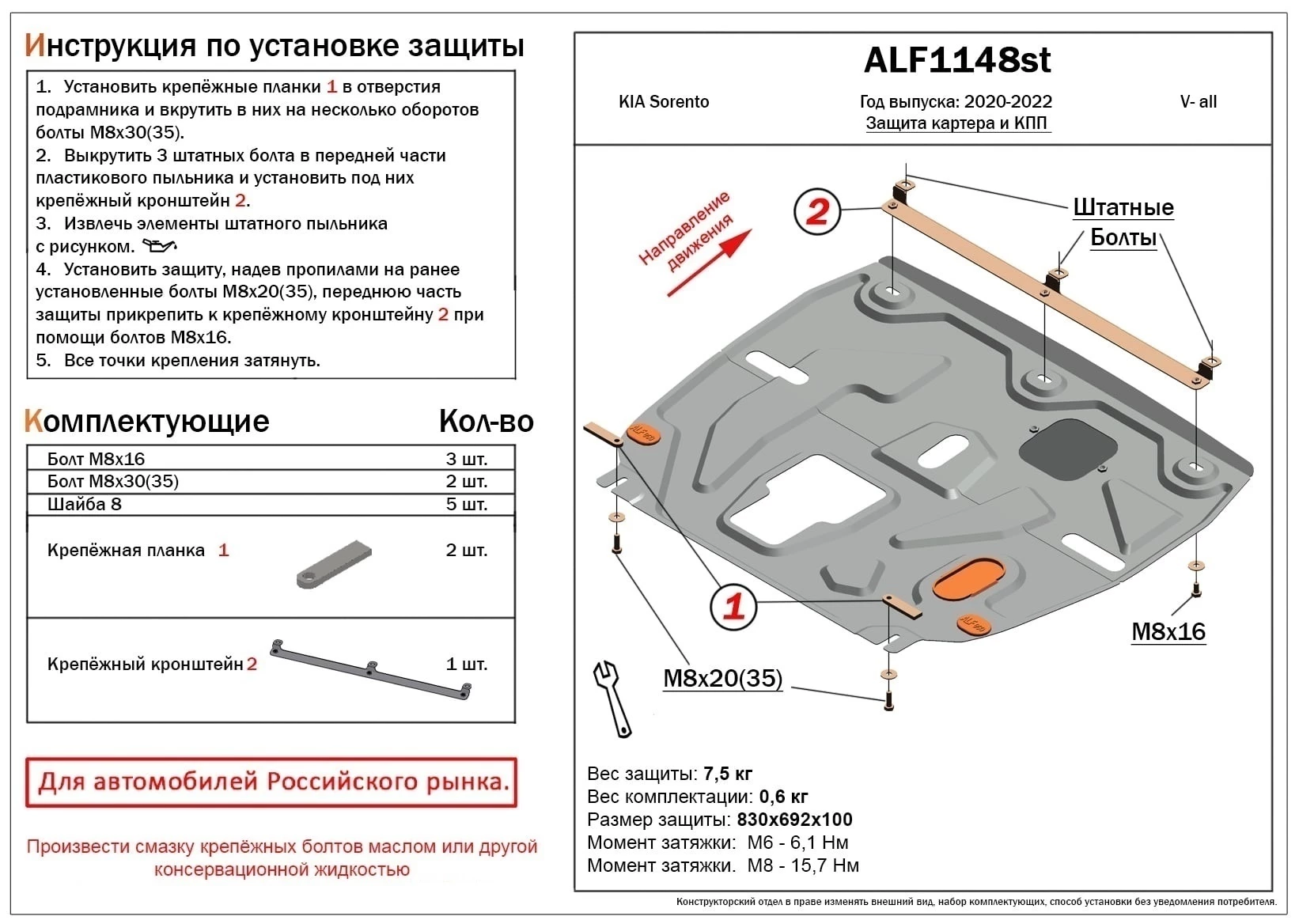 Защита картера и КПП для Kia Sorento IV