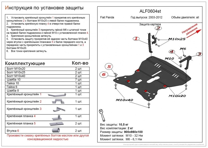 Защита картера и КПП для Fiat Panda II  Alfeco ALF0604AL4