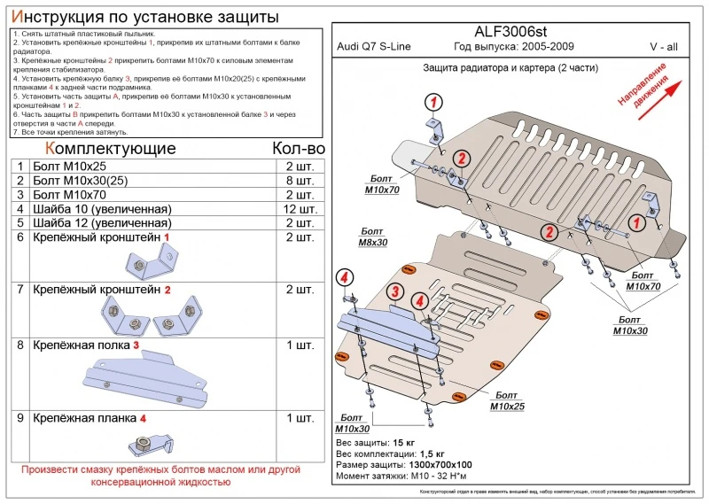 Защита радиатора и картера (2 части) для Audi Q7 I (4L)  Alfeco ALF3006AL