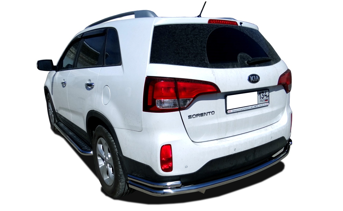 Защита заднего бампера угловая большая двойная d60/42 мм для Kia Sorento II Рестайлинг