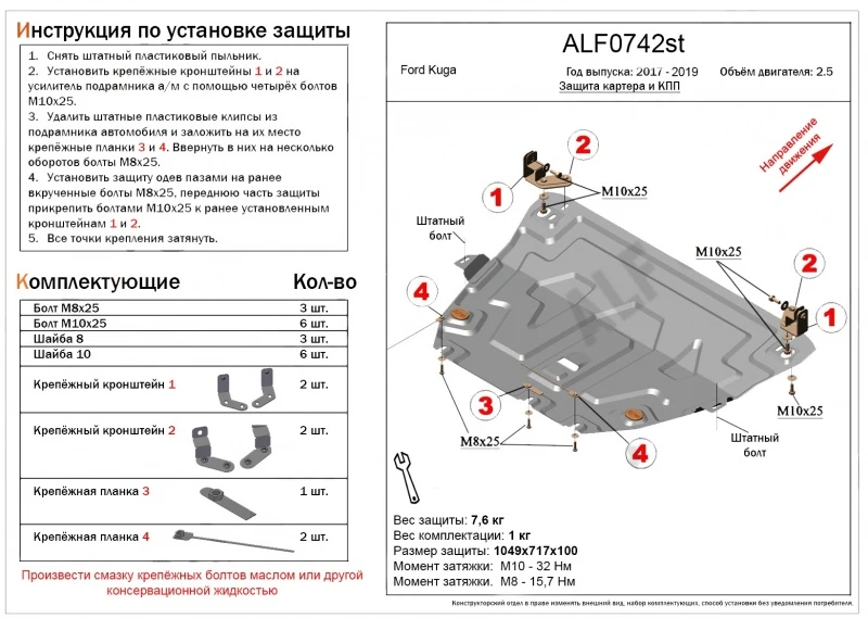 Защита картера и КПП для Ford Kuga II Рестайлинг Черный Alfeco ALF0742AL4